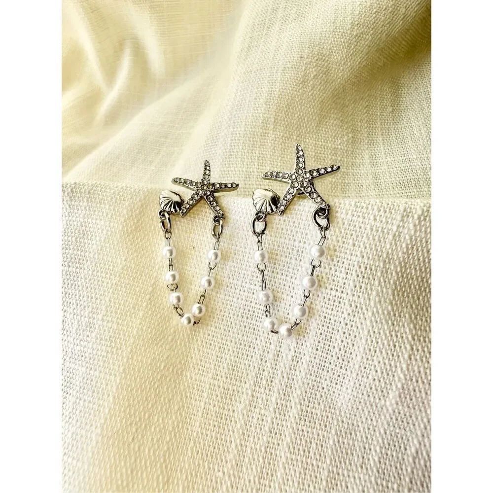 Silver color starfish and seashell pearl chain dangle earring